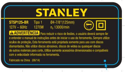5140168-68 Etiq. Especif. Stsp125-br Tipo1 Para Serra Mármore Stsp125-br Stanley 5140168-68 - Imagem 1