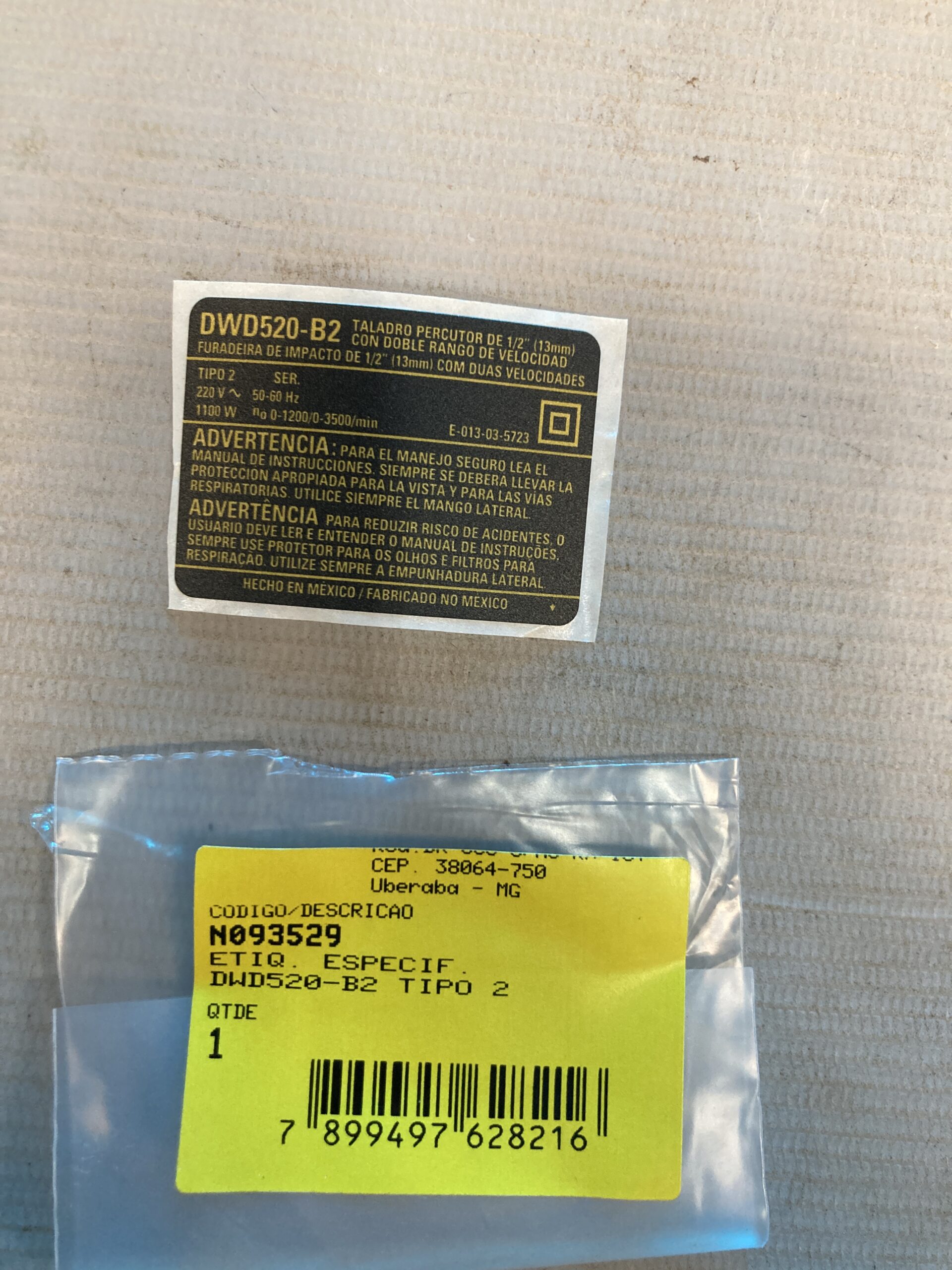 N093529 Etiq. Especif. Dwd520-b2 Tipo 2 Para Furadeira Dwd520-b2 Dewalt N093529 - Imagem 1