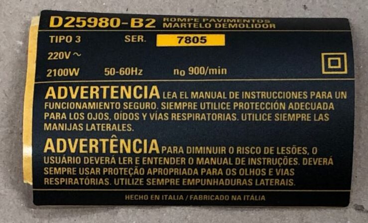 N117122 Etiq. Especif. D25980-b2tipo 3 Para Martelo Demolidor D25980-b2 Dewalt N117122 - Imagem 1