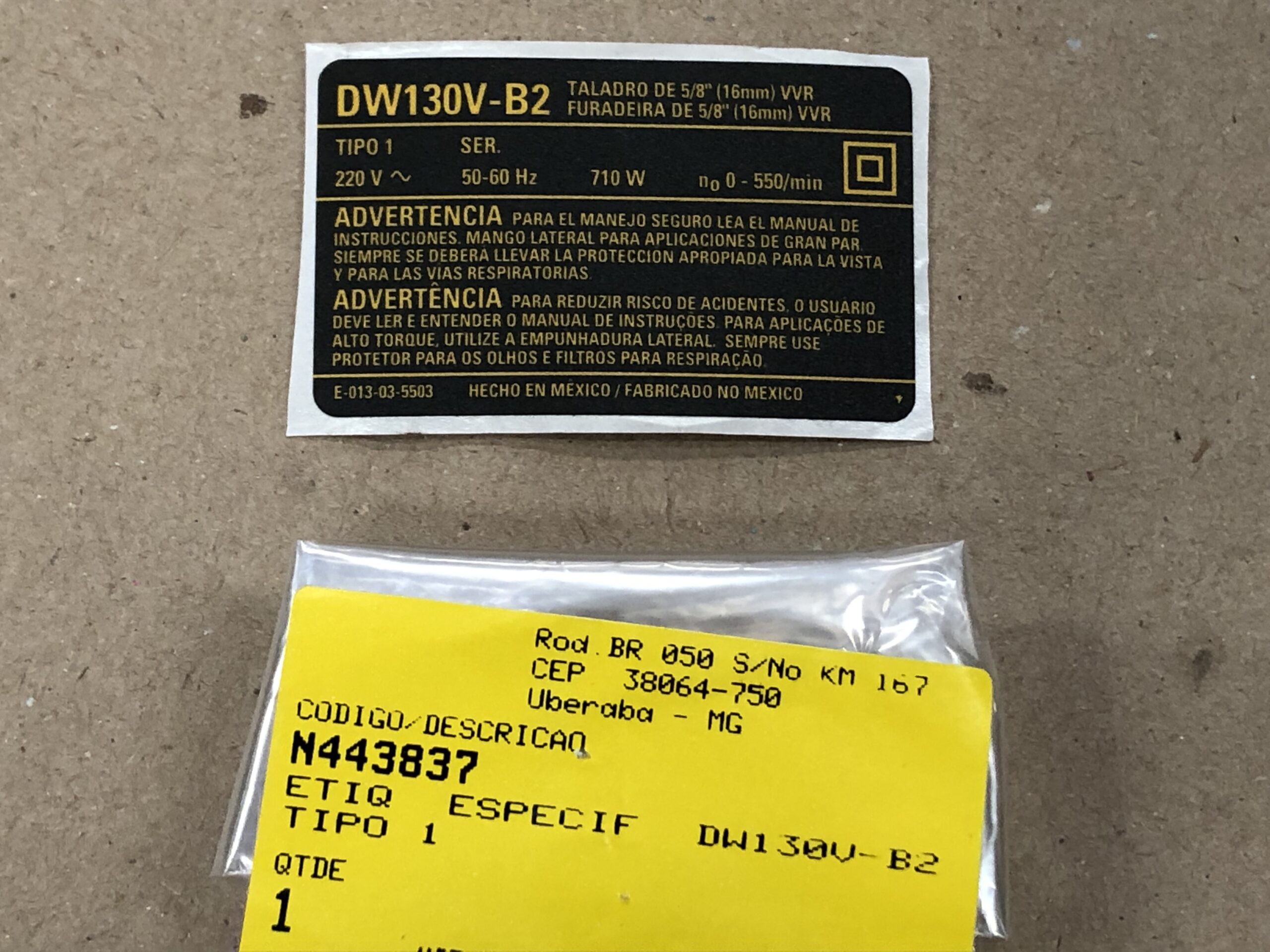 N443837 Etiq. Especif. Dw130v-b2tipo 1 Para Furadeira Dw130v-b2 Dewalt N443837 - Imagem 1