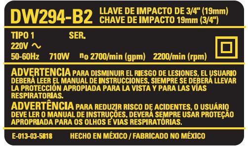 N443841 Etiq. Especif. Dw294-b2 Para Chave De Impacto Dw294-b2 Dewalt N443841 - Imagem 1