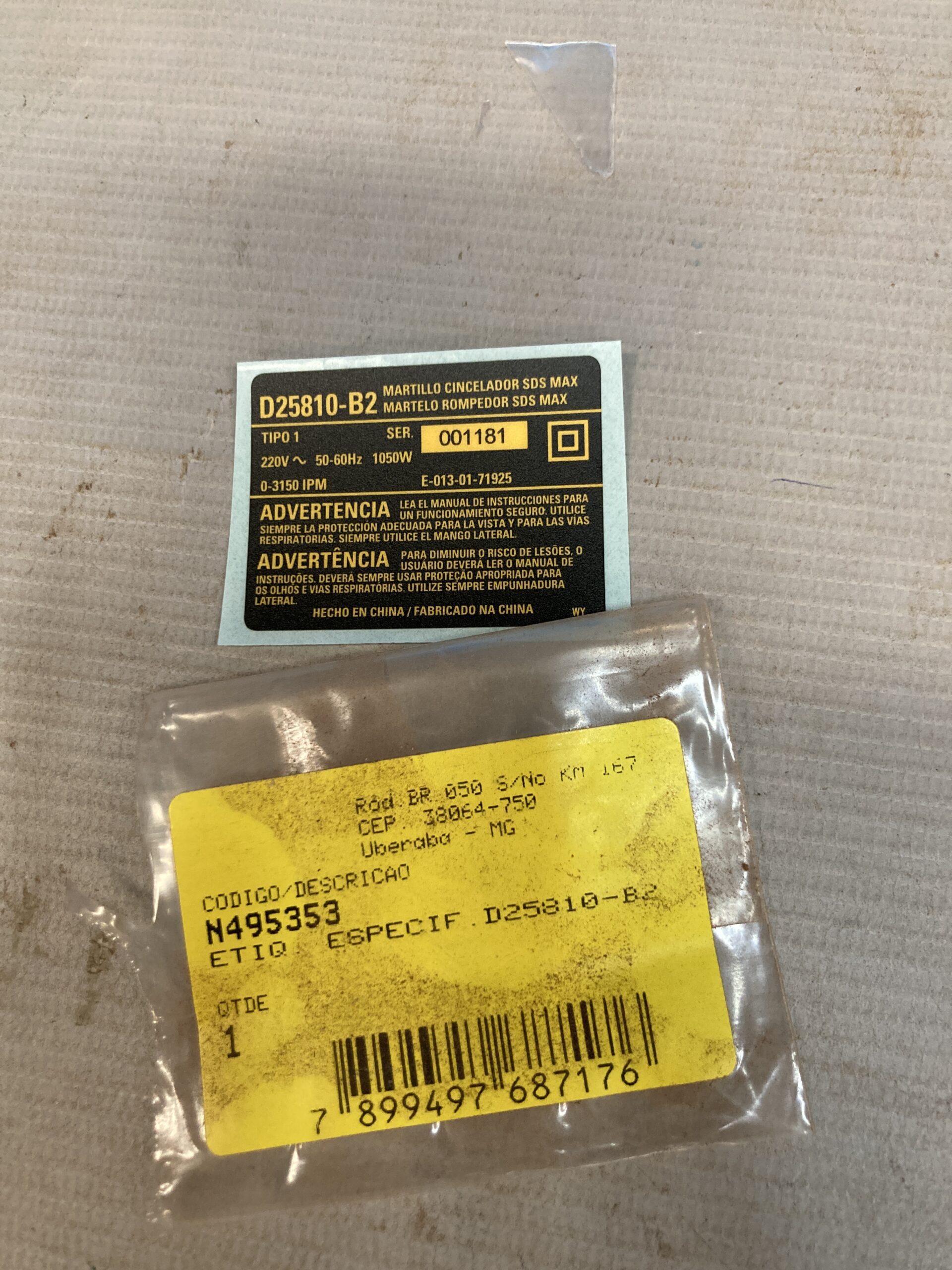N495353 Etiq. Especif.d25810-b2 Para Martelo Perfurador D25810-b2 Dewalt N495353 - Imagem 1