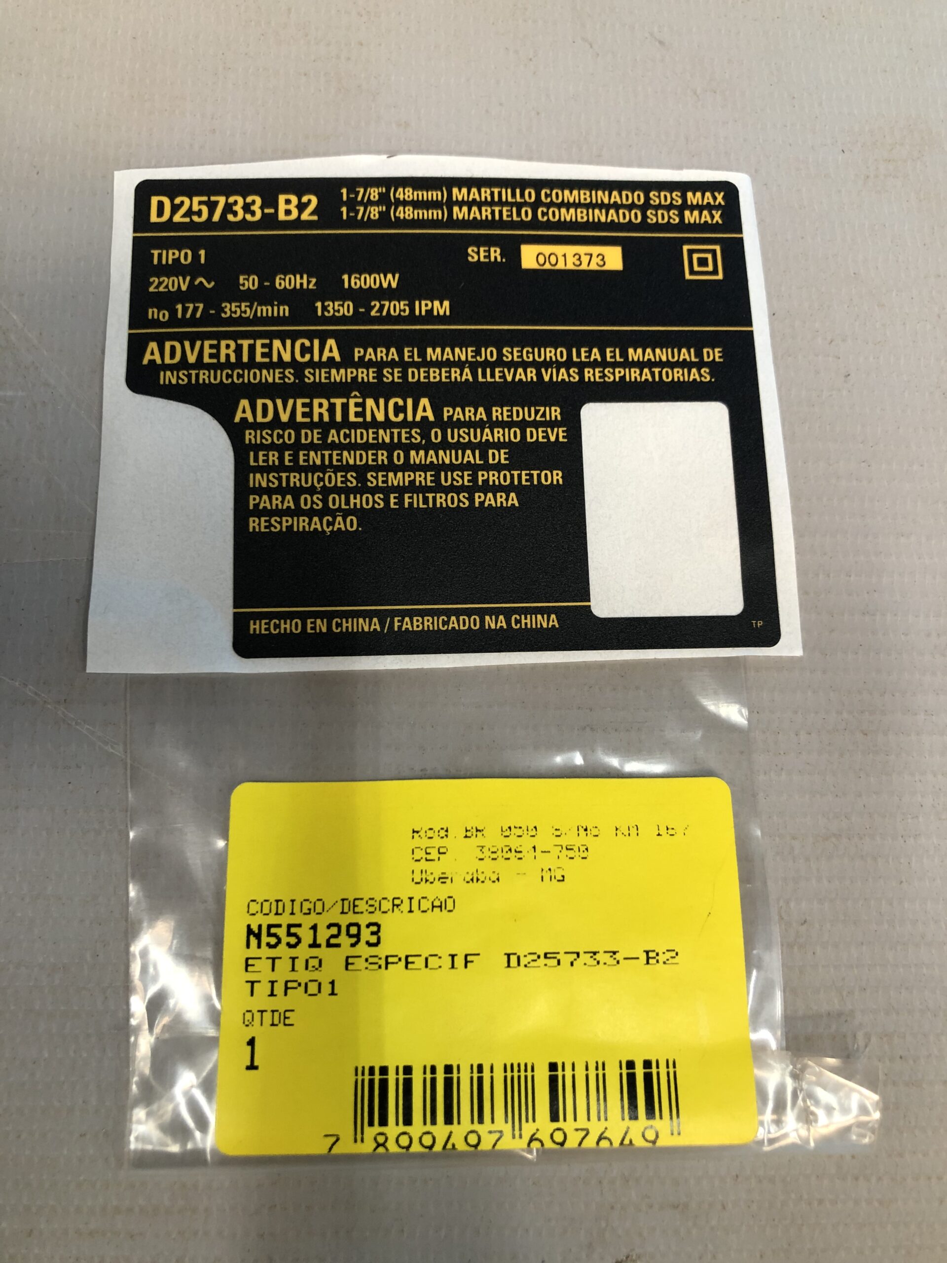 N551293 Etiq Especif D25733-b2tipo1 Para Martelo Perfurador D25733-b2 Dewalt N551293 - Imagem 1