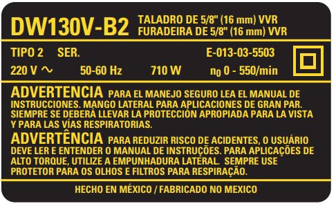 N857204 Etiq. Especif. Dw130v-b2tipo 2 Para Furadeira Dw130v-b2 Dewalt N857204 - Imagem 1