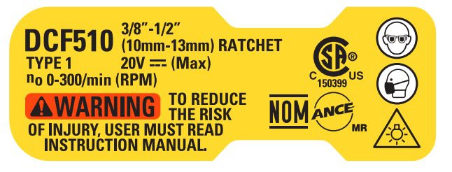 N894415 Etiq Especif Dfc510 T1 Para Chave Catraca Dcf510b Dewalt N894415 - Imagem 1