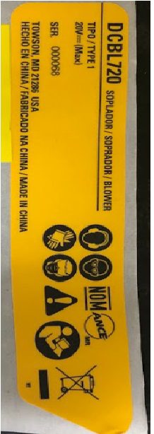 NA005284 Etiq Especif Dcbl720b Para Soprador De Folhas Dcbl720 Dewalt Na005284 - Imagem 1
