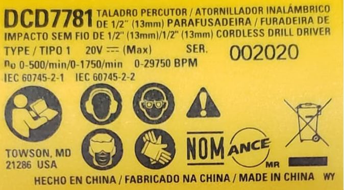 NA012557 Etiq. Especificacao Dcd7781_tipo1 Para Parafusadeira Bateria 20v Dcd7781 Dewalt Na012557 - Imagem 1