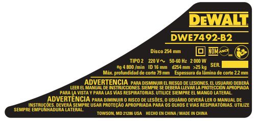 NA038915 Etiq Especif Dwe7492 T2 Para Serra De Mesa Ou Bancada Dwe7492-b2 Dewalt Na038915 - Imagem 1