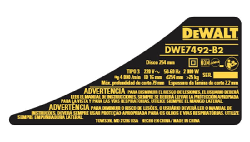 NA096489 Etiq. Espec. Dwe7492-b2tipo3 Para Serra De Mesa Ou Bancada Dwe7492-b2 Dewalt Na096489 - Imagem 1