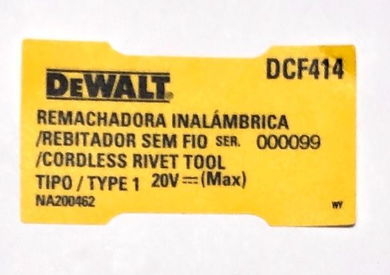 NA200462 Etiq Especif Dcf414 T1 Para Rebitador Dcf414 Dewalt Na200462 - Imagem 1