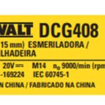 Etiqueta De Classificação Para Esmerilhadeira Angular Dcg408b-b2 Dewalt Na597424