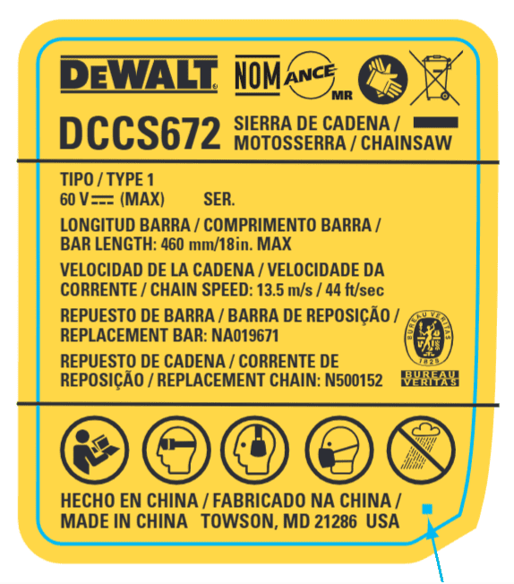 NA686447 Etiqueta De Classificação Para Motosserra Dccs672 Dewalt Na686447 - Imagem 1