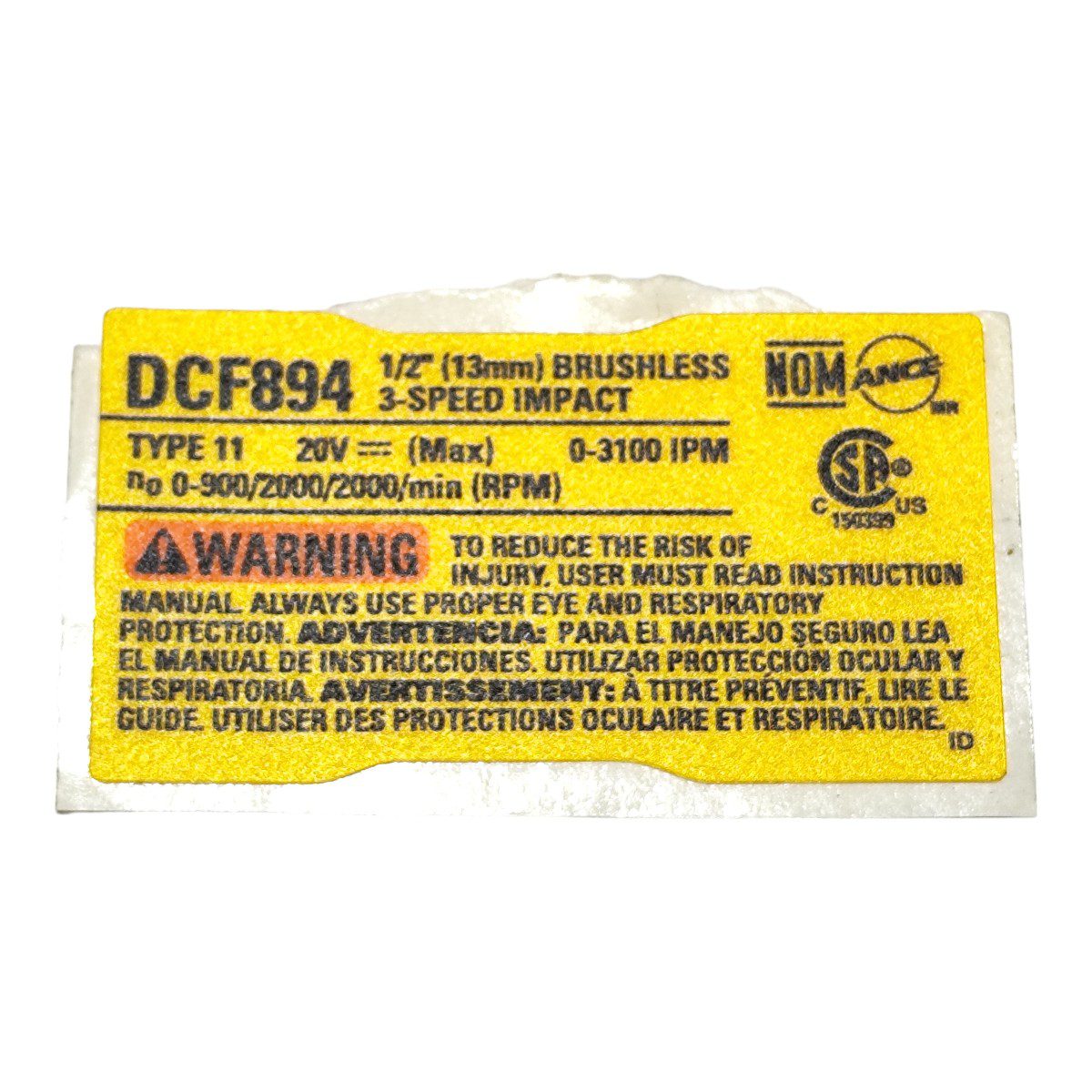 Etiq Especif Dcf894 T11 para Chave de Impacto Dcf894b Dewalt N654709 - Imagem 1